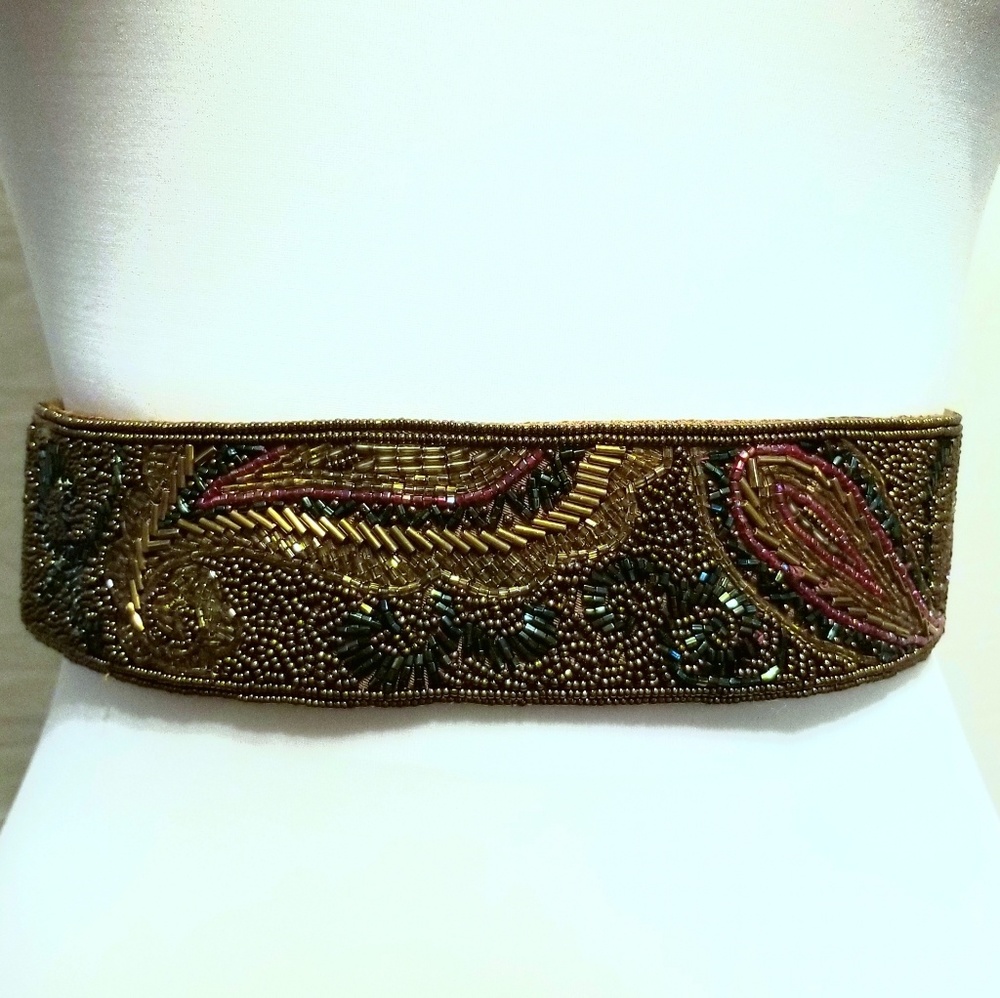 Vintage 80s Beaded Brwn. Belt Velcro Clasp, Sz M